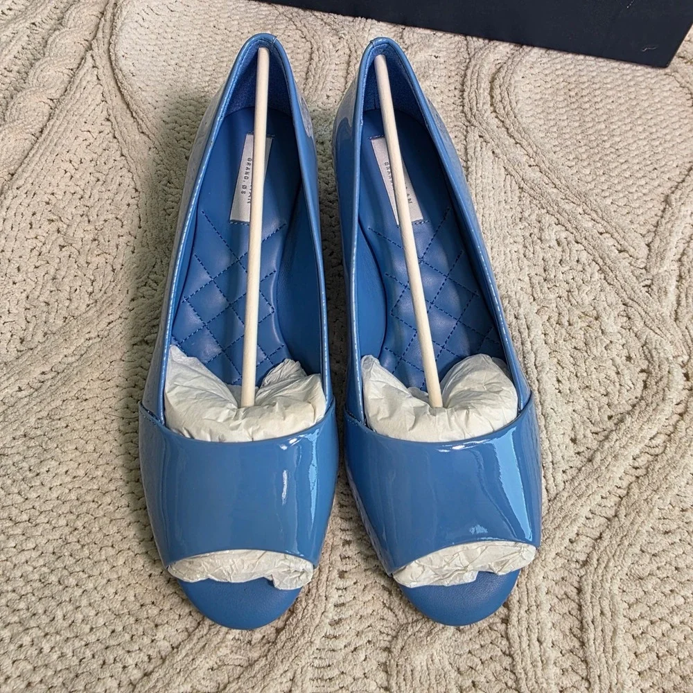 Cole Haan Kinslee Open Toe Wedge Blue Patent Leather Peep Toe Pumps Womens 5 New